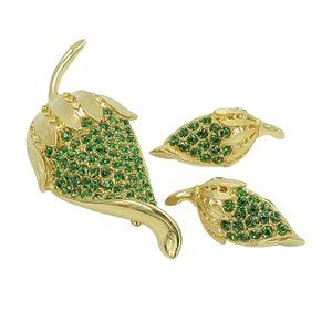 VTG Green Rhinestone Leaf Seed Pod Brooch Earring Set